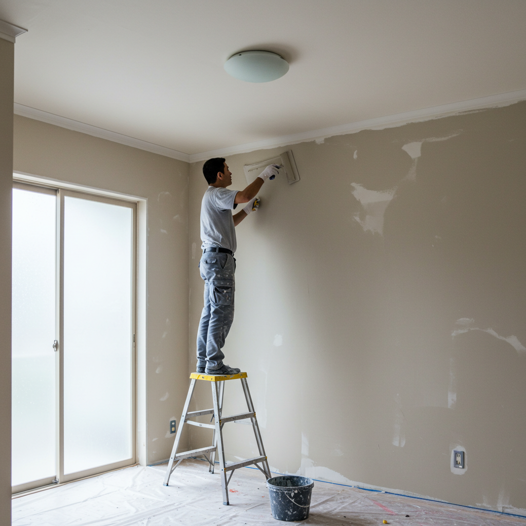 室内で壁塗りする男性