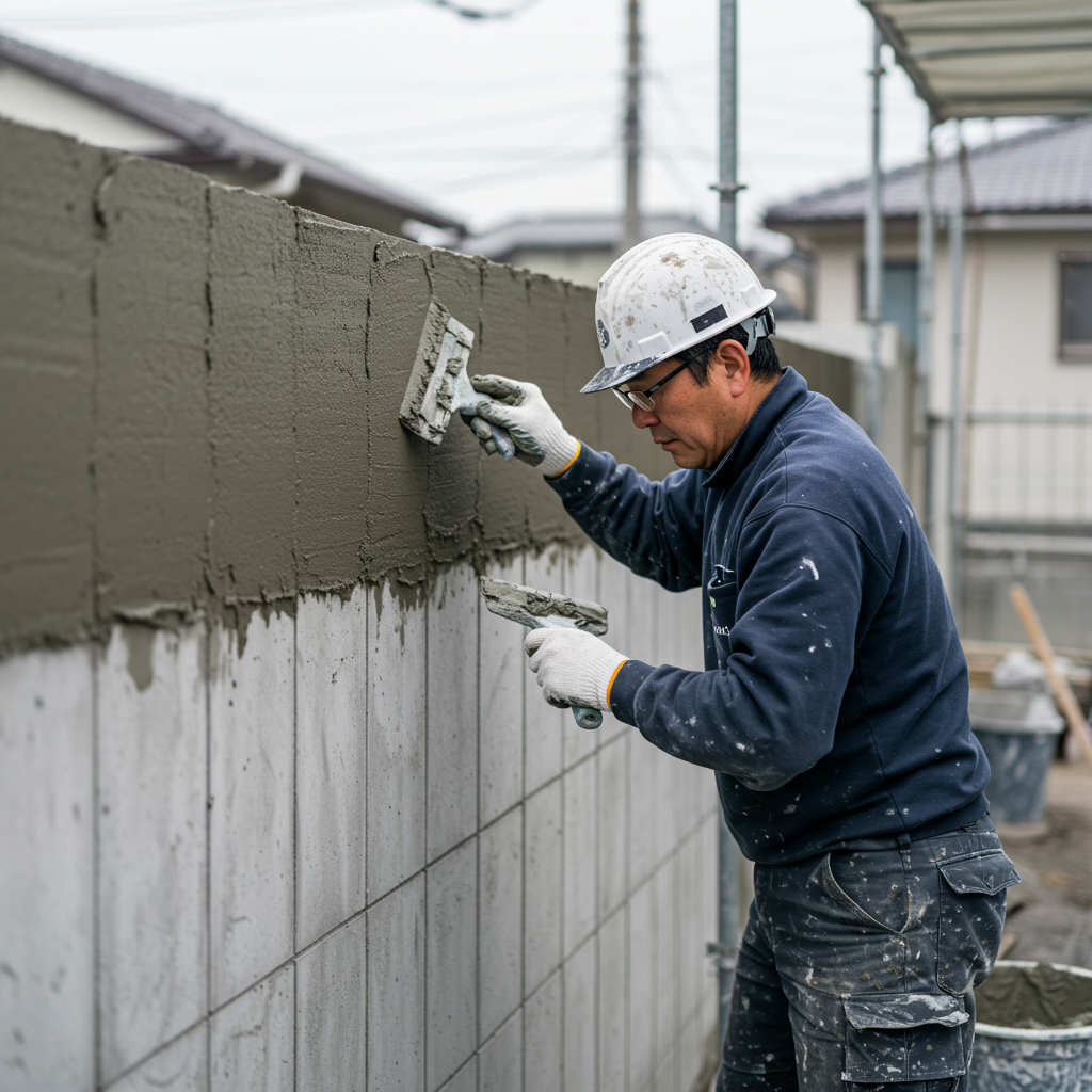 外構作業する男性
